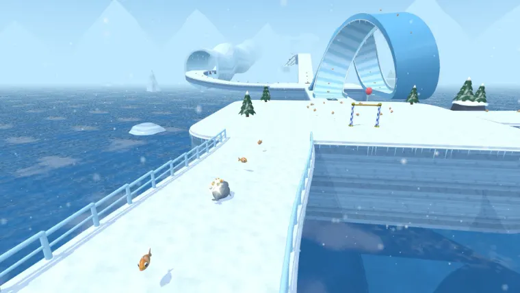 Galumph running toward a big ice loop and an ice tunnel in Frostbite Bay.