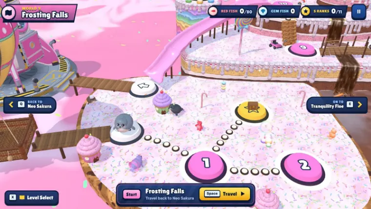 The Frosting Falls world map, with a preview card for the next act.