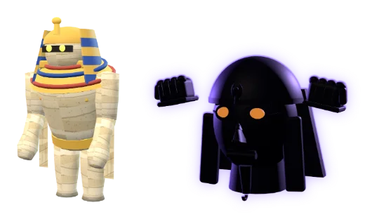 The Sand King, a mummy in a golden headdress, beside a dark silhouette of something much bigger.