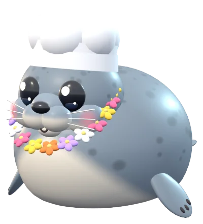 Galumph in a chef's hat and a flower lei.