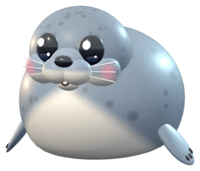 Galumph: a round grey seal with dark spots, big glossy eyes and whiskers.