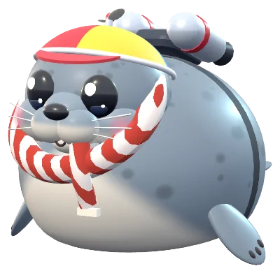 Galumph in a propeller cap with a jetpack.