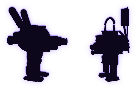 Two giant mech silhouettes facing off: one with long bunny ears, one with a samurai crest and a banner.