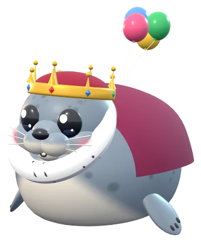 Galumph in a crown and robe, holding balloons.