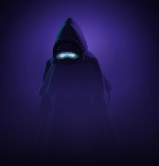A tall hooded figure in a tattered cloak, half lost in violet fog, with two glowing eyes under the hood.