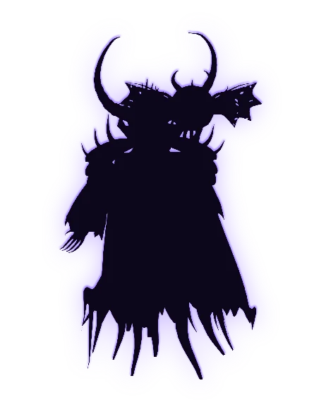A black silhouette with long curved horns, a tattered cloak and clawed hands, edged in violet light.