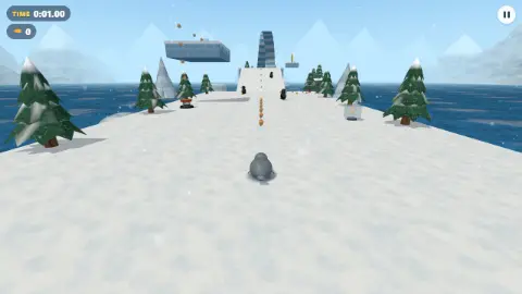 The first 3D adventure act: a wide snowy path with pine trees, penguins and a loop ahead.