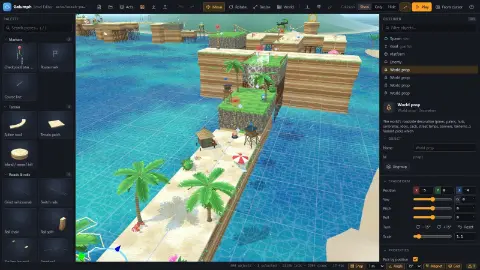 The editor today with Palm Bluffs open: cliffs, palms and a boardwalk, with the object list beside it.
