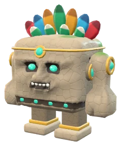 The golem today: cracked carved stone, a gold-trimmed headdress and glowing eyes.