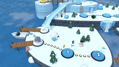 The Frostbite Isles diorama today: an icy island with paths, huts and landmarks.