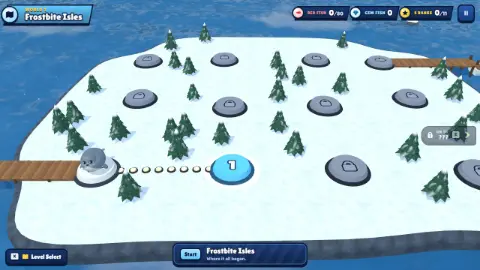 The first Frostbite Isles map: a flat snowy island with round act buttons and pine trees.