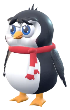 The penguin today: feathered wings, bushy brows and a knitted scarf.
