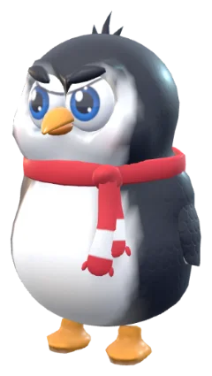 The first rebuild: a sculpted penguin with big expressive eyes and a striped scarf.