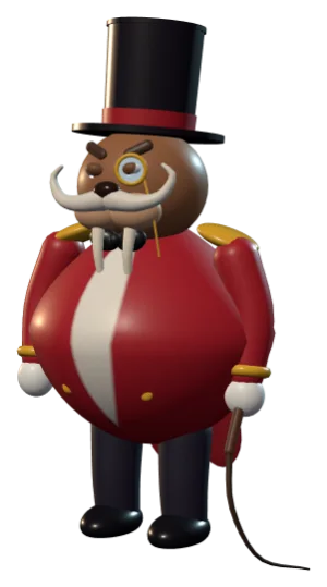 The first Ringmaster: a smooth, toy-like walrus in a red coat and top hat.