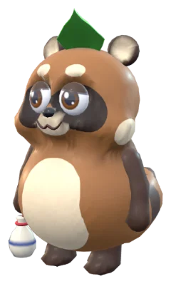 The tanuki today: fluffy fur markings, a sake flask and a leaf on its head.