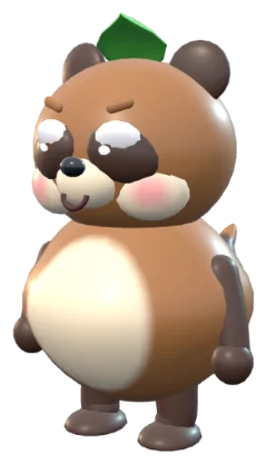The earlier tanuki: smooth brown shapes with a leaf on its head.