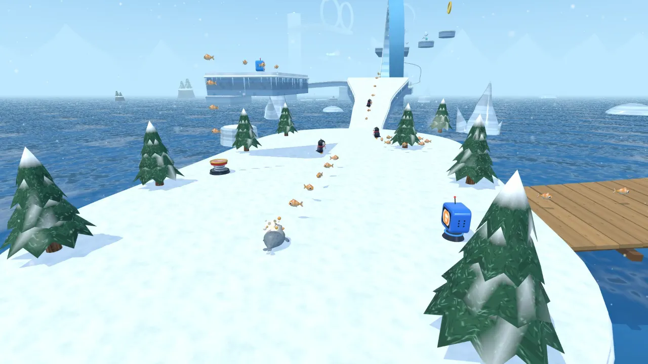 Galumph on a snowy path between pine trees in Frostbite Bay, with a loop in the distance and penguins ahead.