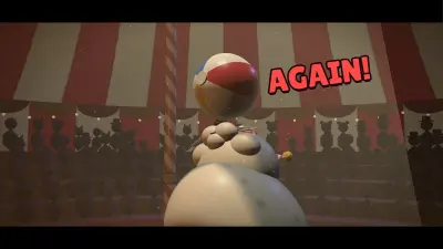 Galumph balancing a ball under the big top while the crowd shouts AGAIN.