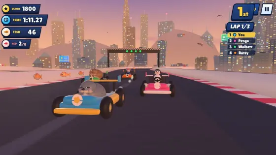 A kart race through Harbour City at sunset.