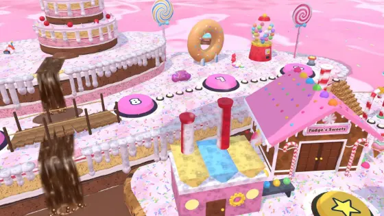 The Frosting Falls world map seen from above: a candy island with paths and huts.