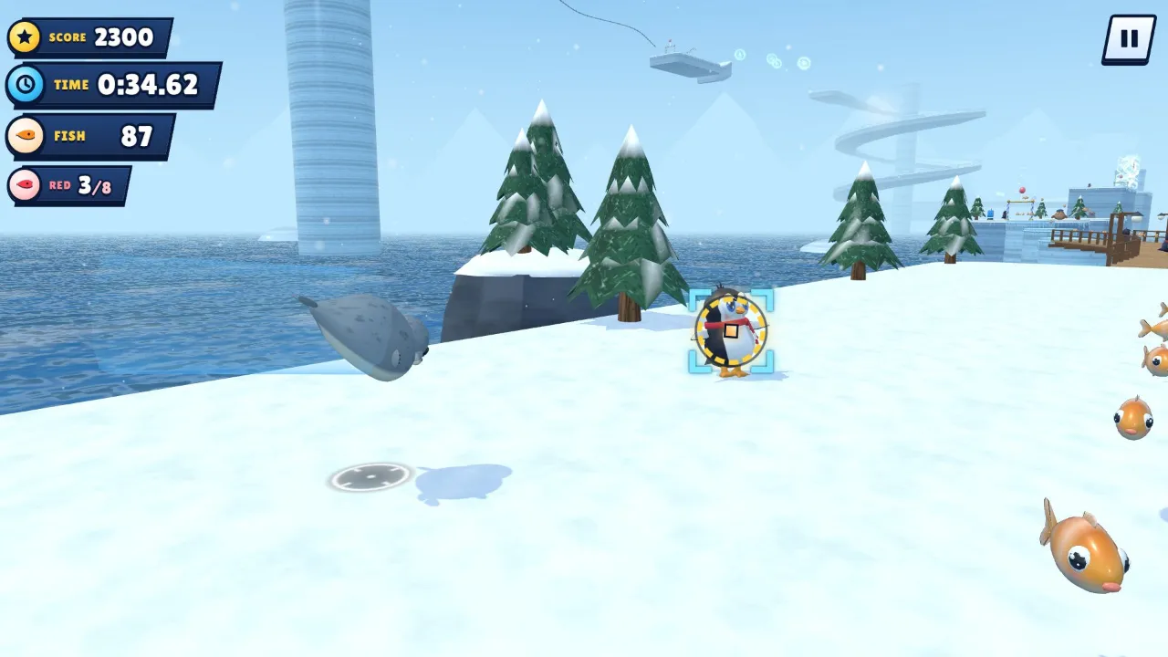 Galumph mid homing attack, diving at a penguin past snowy pines in the Frostbite Isles.