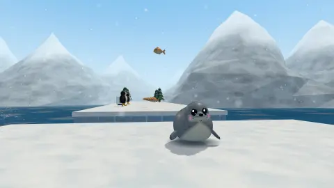 Galumph on the ice floes of Frostbite Isles in the first 3D adventure, with penguins, a trail of fish and snowy mountains behind.