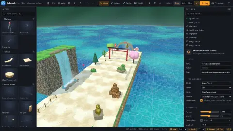 The level editor with a seaside path of boardwalk, waterfall and scenery.