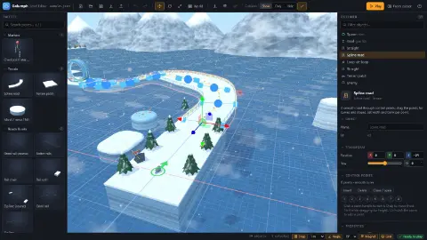 The first level editor, editing a banked spline road over the sea, with its control points in the inspector.