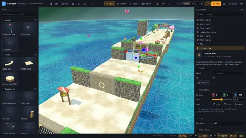 The level editor showing a puzzle path: stone walls with linked doors, a key, a switch and a gong over the sea.