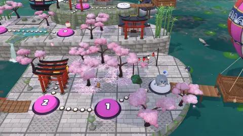 The Neo Sakura diorama world map: blossom trees, torii gates, numbered act stops and Galumph on his stop by the water.