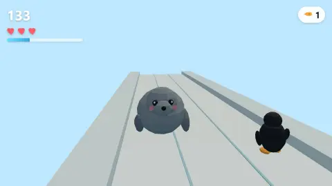 The first Galumph, a blocky grey seal, running down a three-lane ice track toward the camera, with a penguin in the next lane.