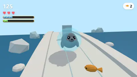 The smoother, big-eyed seal running in a bubble shield along the curving runner track, with ice floes on the sea and a fish ahead.