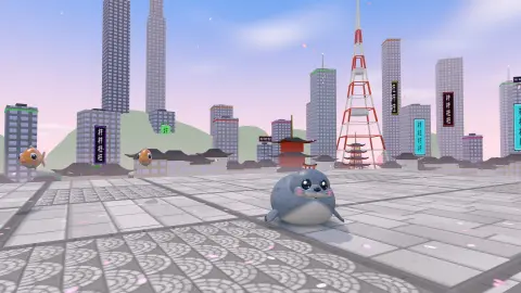 Galumph on a cherry-blossom plaza in Neo Sakura, with pagodas, skyscrapers and a red lattice tower behind.