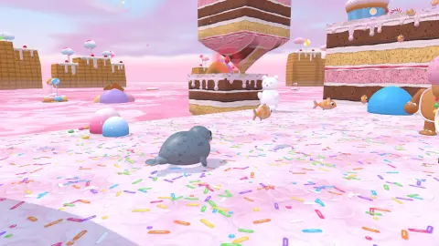 Galumph in Frosting Falls: sprinkle-covered ground, gumdrops, floating layer cakes, a gummy bear and a gingerbread enemy.
