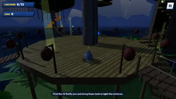 A treetop village lit by lanterns at night.