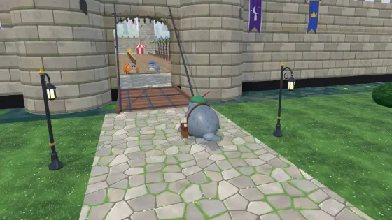 Galumph in a feathered cap with a letter satchel, walking up to the castle gate.