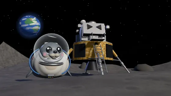 Galumph standing on the moon, with his lunar lander behind him.