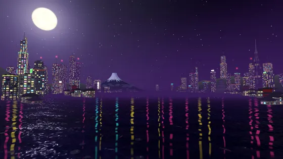 The Neo Sakura skyline at night, glowing with neon.