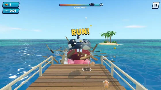 An orca in a captain's hat chasing Galumph down a boardwalk.