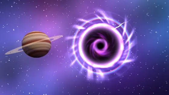 A swirling violet portal crackling with lightning in deep space, beside a ringed planet.