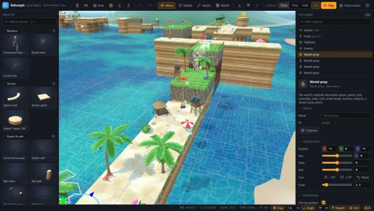 The level editor with Palm Bluffs from Sunny Shoals open: grassy cliffs, palms and a boardwalk over the sea, with the object list and inspector beside it.