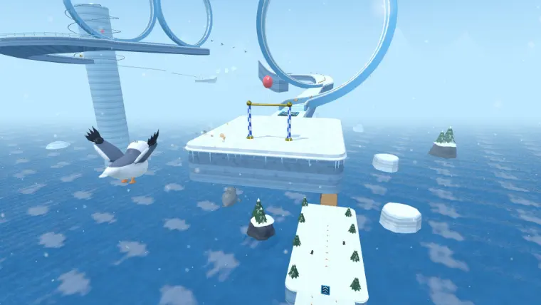 Frostbite Isles: loops and a spiral tower above snowy islands and the sea.