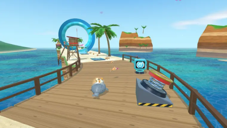 Sunny Shoals: boardwalks and palm trees over turquoise water.