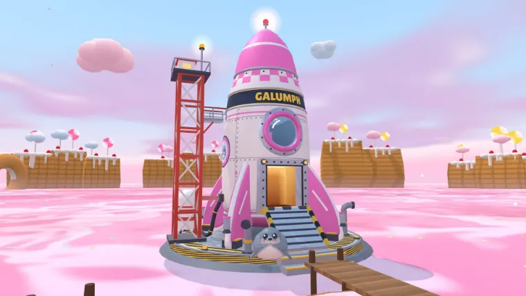 Galumph beside his pink rocket on its launch pad, on the candy-pink sea of the Frosting Falls world map.